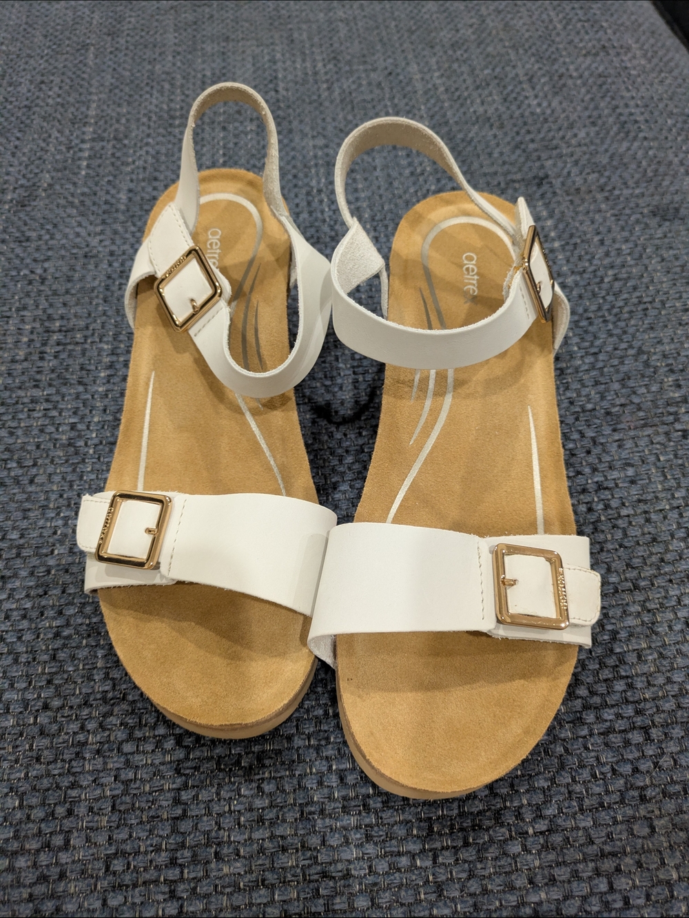 Aetrex White Wedge Sandals with Gold Buckles - Picture 2 of 5